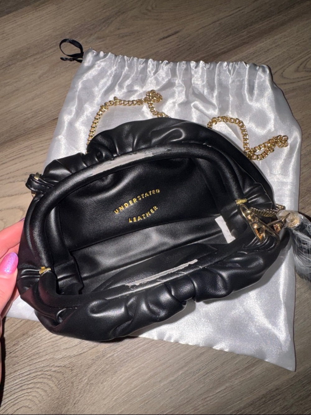Understated Leather Black Pouch Clutch Bag Gold Chain Ruched Crossbody - Picture 3 of 7